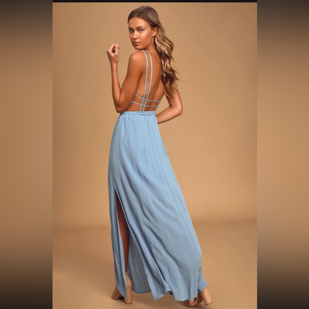 Lulu’s Lost in paradise slate blue maxi dress